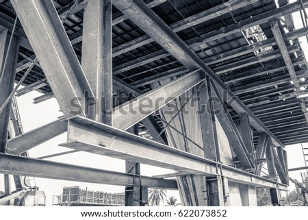 metal frame work at construction site of expressway bridge road base structure Royalty-Free Stock Photo #622073852