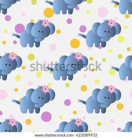 seamless pattern with cartoon cute toy baby elephant and Circles on a light gray background