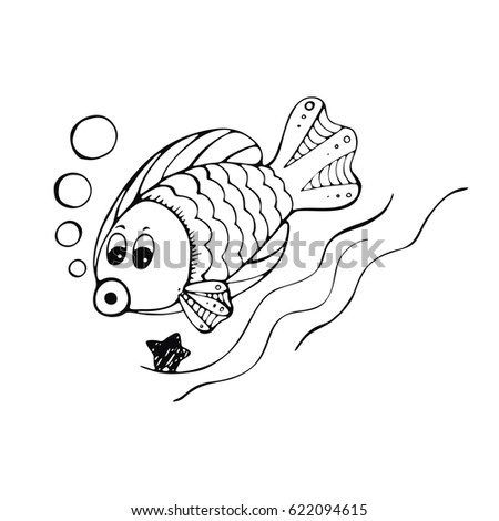 Pisces floats on the waves behind the star/Vector linear image of children's zodiac signs, sketch style