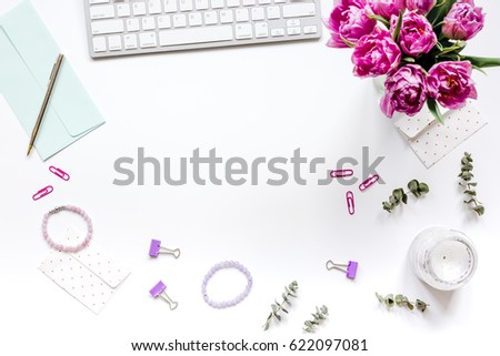 Work with flowers in home office concept top view space for text