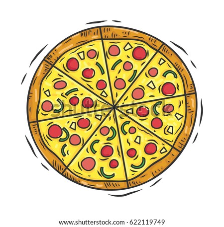 Hand drawn round pizza isolated on white background