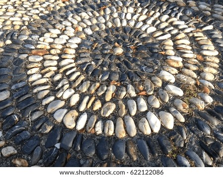 The pattern of the stones on the ground.