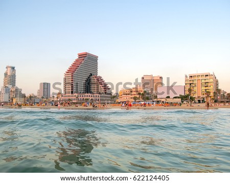 Tel Aviv panorama viewed from Mediterranean Sea. 
