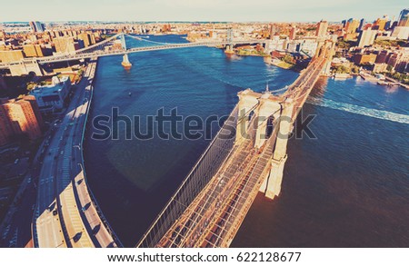 Aerial view of the Brooklyn Bridge over the East River in New York City