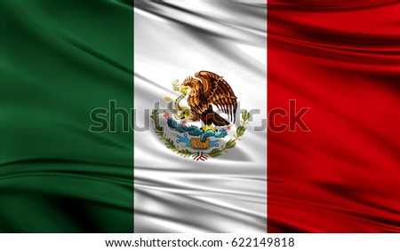 Realistic flag of Flag of Mexico on the wavy surface of fabric. This flag can be used in design Royalty-Free Stock Photo #622149818