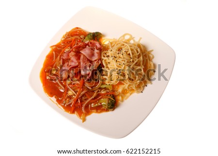 Asian food, noodles on the plate, isolated