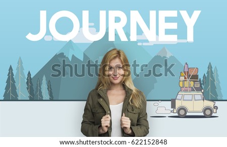 Woman with illustration of discovery journey road trip traveling