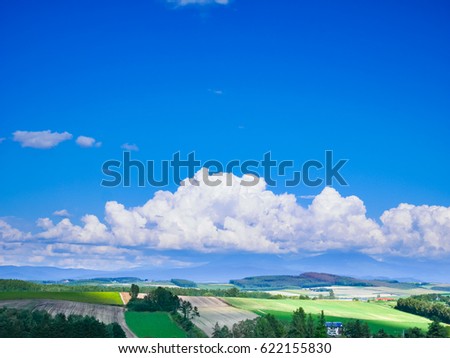 Landscape of summer Biei-cho in Hokkaido, Japan. Biei town is located in the middle of "Asahikawa city" and "Furano city"