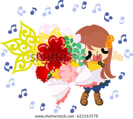 A cute singing girl and a bouquet of carnations