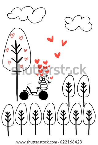 Cute romantic card concept with bicycle parked near the tree which full of hearts instead of fruits. Bike carrying gift boxes and many flowing hearts. Vector illustration with hand-drawn style.