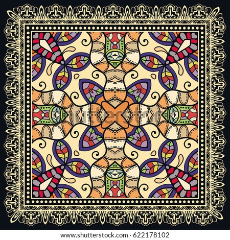 Decorative abstract colorful background, geometric floral doodle pattern with ornate lace frame. Tribal ethnic ornament. Bandanna shawl fabric print, silk neck scarf or kerchief design