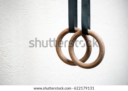 Detail of a set of rings, or steady rings, in a gymnasium over a white wall with copy space in a healthy lifestyle and fitness concept