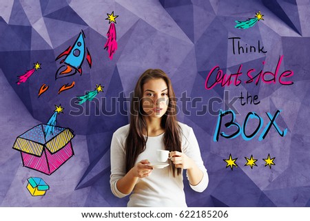 Attractive young woman drinking coffee on creative polygonal background with bright sketch. Think outside the box concept