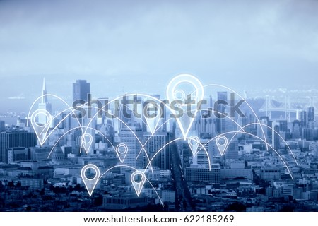 City with abstract connected location pins. Dull sky background. Navigation concept. 3D Rendering Royalty-Free Stock Photo #622185269