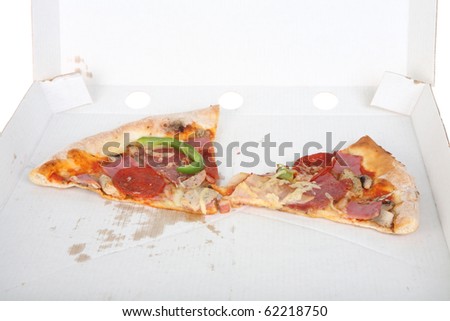 two pieces of half-eaten pizza in a cardboard box