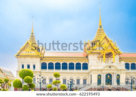 The Main Hall of Royal Grand Palace with Blue Sky Background at Wat Phra Kaew, Grand Palace, Bangkok, Thailand.