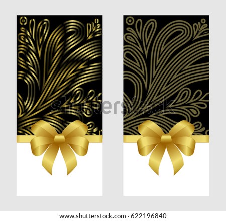 Gift card template with golden red bow (ribbons). Background design usable for gift voucher, coupon, invitation, certificate, diploma, ticket etc. Vector image.