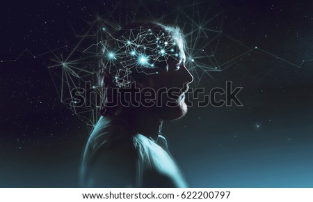 Profile of bearded man with symbol neurons in brain. Thinking like stars, the cosmos inside human, background night sky Royalty-Free Stock Photo #622200797