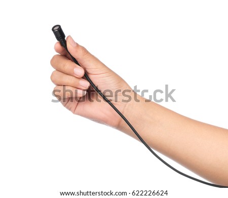 hand holding tool Microphone lapel or lavalier isolated on white background