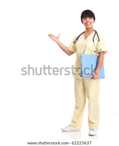 Smiling medical nurse presenting. Isolated over white background