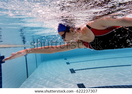 Woman swimming pool.Underwater photo