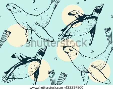 seamless pattern with hand drawn arctic animals. polar theme. sea calf and penguins