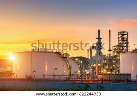 Oil Refinery factory at twilight , petrochemical plant , Petroleum , Chemical Industry Royalty-Free Stock Photo #622244930