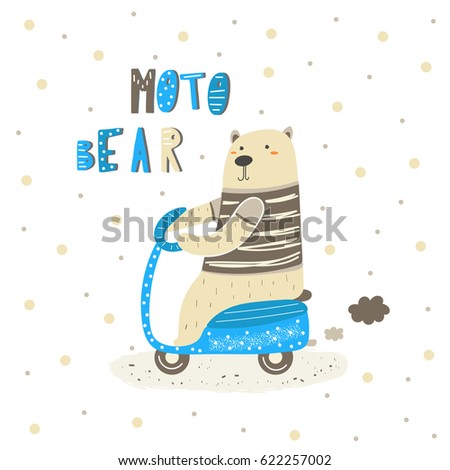 Cute hand drawn card, postcard with white polar bear riding motorcycle. Background, cover for children in cartoon style with lettering quote moto bear