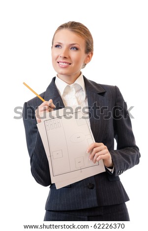 Businesswoman with pensil and plan scheme, isolated on white