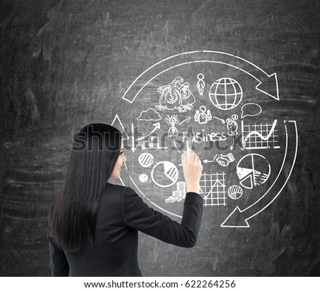 Rear view of a young businesswoman with black hair wearing a suit drawing a round business sketch on a blackboard.