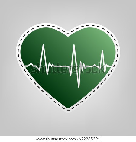 Cardiogram on heart shape. Vector. Green icon with outline for cutting out at gray background. Royalty-Free Stock Photo #622285391