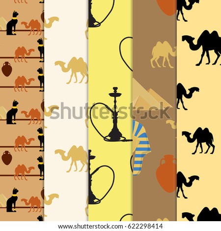 Raster illustration five  egypt pattern. Collection of  backgrounds with camels, hookah, symbols of egypt. Giza pyramids, egypt cat and amphora