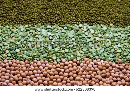Background with horizontal rows of mung beans, dry peas and chickpeas