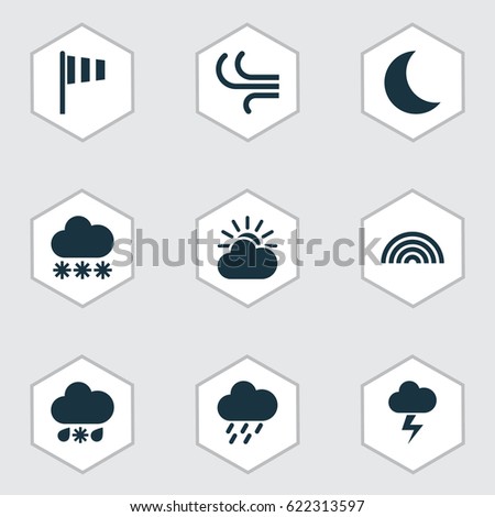 Climate Icons Set. Collection Of Flag, Breeze, Sun-Cloud And Other Elements. Also Includes Symbols Such As Shower, Flag, Colors.