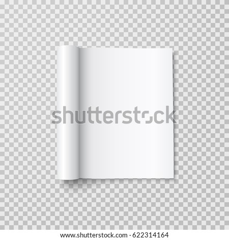 Magazine with rolled white paper pages isolated on transparent background. Vector open blank book, catalog or brochure with folded sheets mockup.  Royalty-Free Stock Photo #622314164