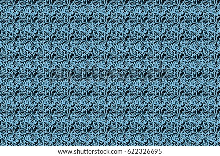Seamless abstract duotone tribal pattern on blue background. Hand drawn ethnic texture, flight of imagination. Raster illustration.