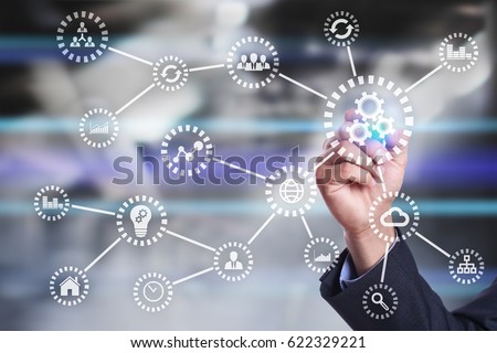 Automation concept as an innovation, improving productivity, reliability and repeatability in technology and business processes. Royalty-Free Stock Photo #622329221