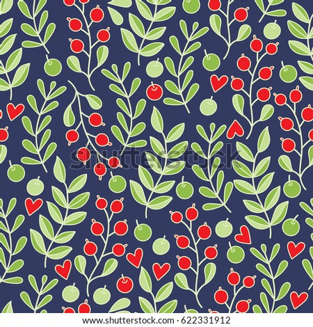 Seamless spring pattern with red and green berries and twig with leaves. Cute floral seamless pattern