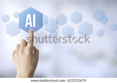 hand touching a touch screen interface with artificial intelligence
