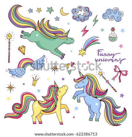 Vector funny set with rainbow, unicorn and other magic attributes. Stars, clouds and wings. Fabulously character unicorn and elements, illustration of magic fantasy character