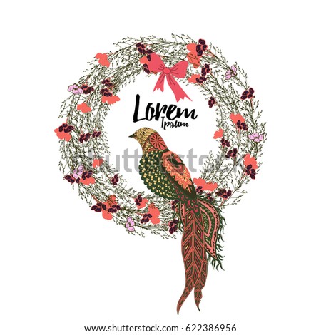 Floral wreath with tropical bird and place for text.