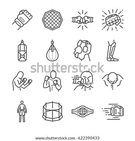 MMA: Mixed Martial Arts line icon set.  Included the icons as fist, punch, head gear, knuckle and more. Royalty-Free Stock Photo #622390433