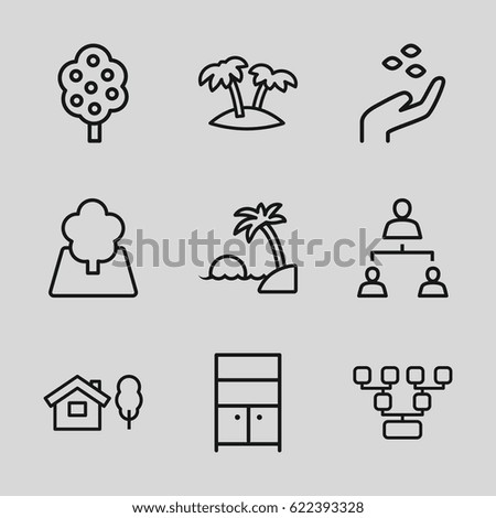 Tree icons set. set of 9 tree outline icons such as hand with seeds, wardrobe, structure, palm, island