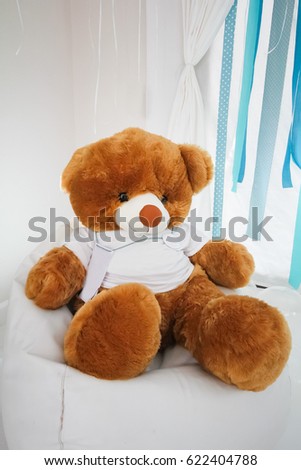 teddy bear on white sofa