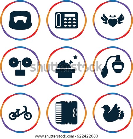 Retro icons set. set of 9 retro filled icons such as child bicycle, perfume, man hairstyle, desk phone, heart angel wings, bird, harmonic, observatory