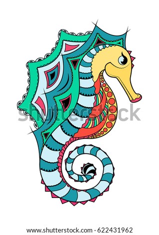 Line art hand drawing black sea horse isolated on white background painted multicolored with a black outline. Doodle style. Tatoo. Zenart. Zentangle.