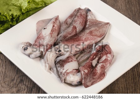 Raw squid - ready for cooking over the wooden background