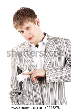 young boy with a business card in his hand