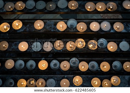 Selective focus burning candles light, top view above