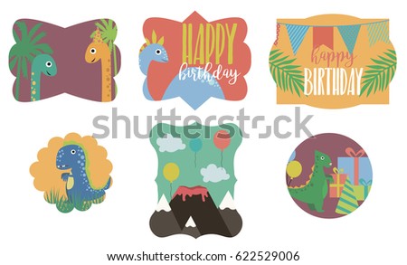 Set of Dino Birthday party stickers. Vector illustration